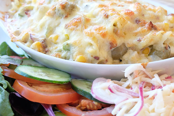 Photo of pasta bake with coleslaw